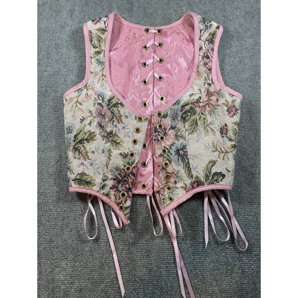 charming floral tapestry corset vest featuring intricate pink satin lacing S